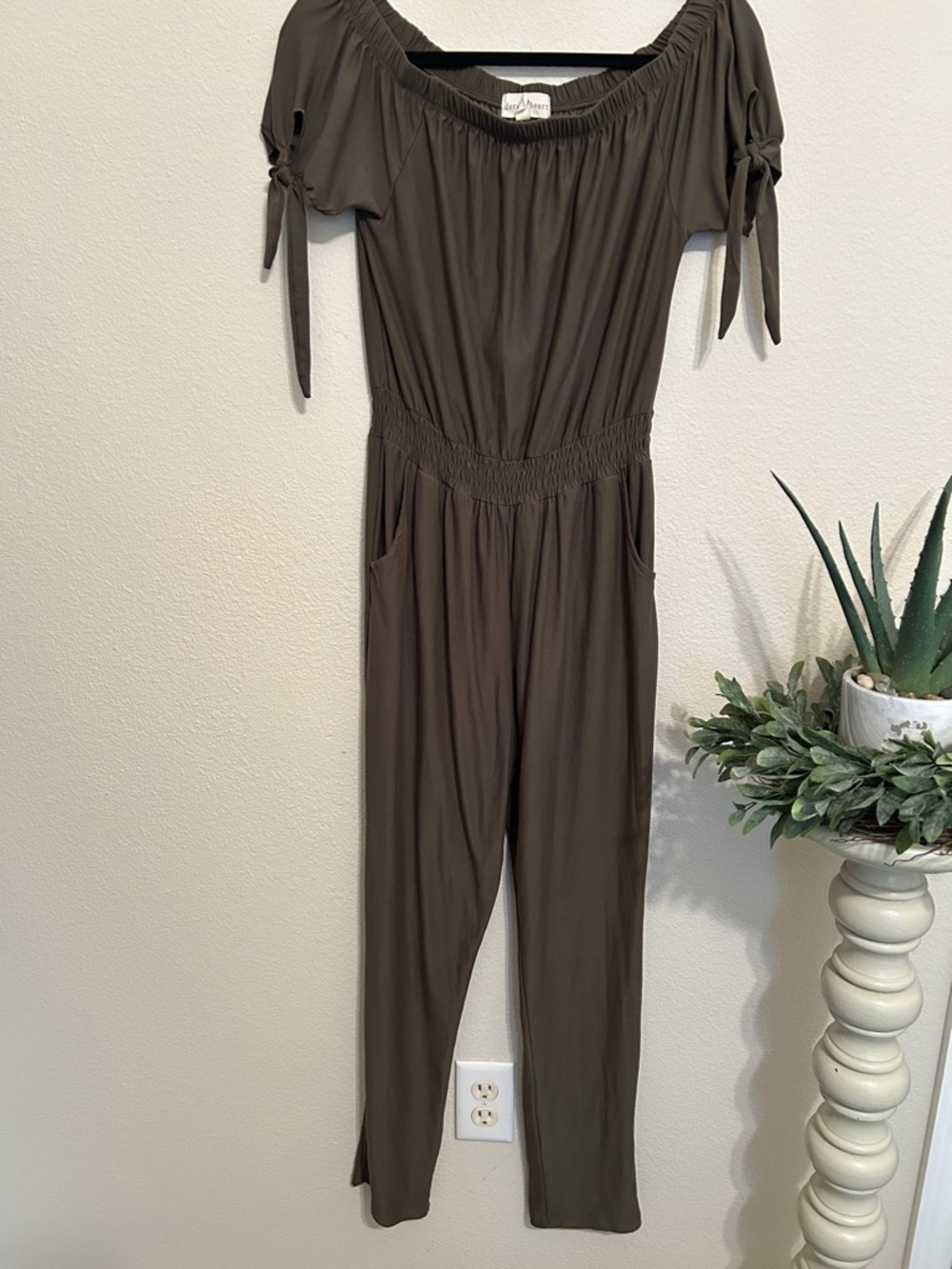 Off-Shoulder Olive Jumpsuit with Tie Sleeves